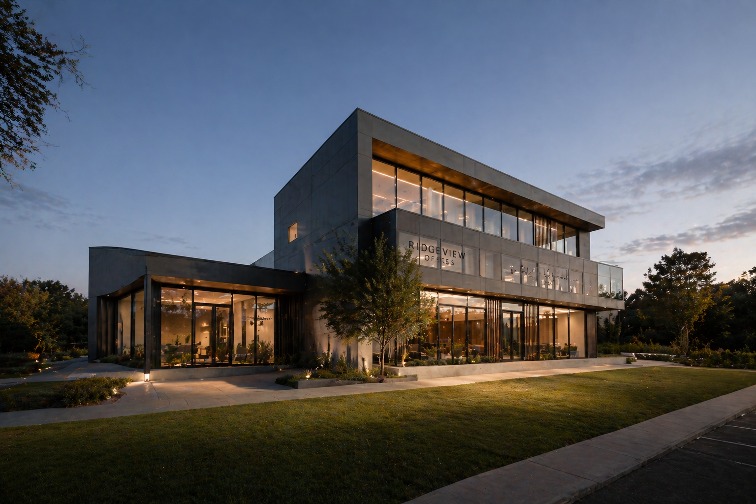 The Amber Office — warm glow facade at dusk